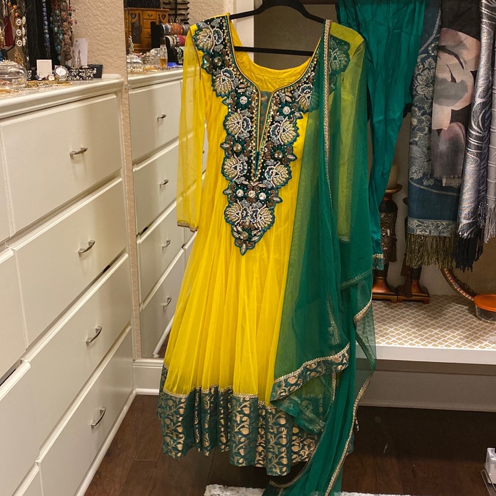 Yellow and green Indian anarkali with pants and dupatta